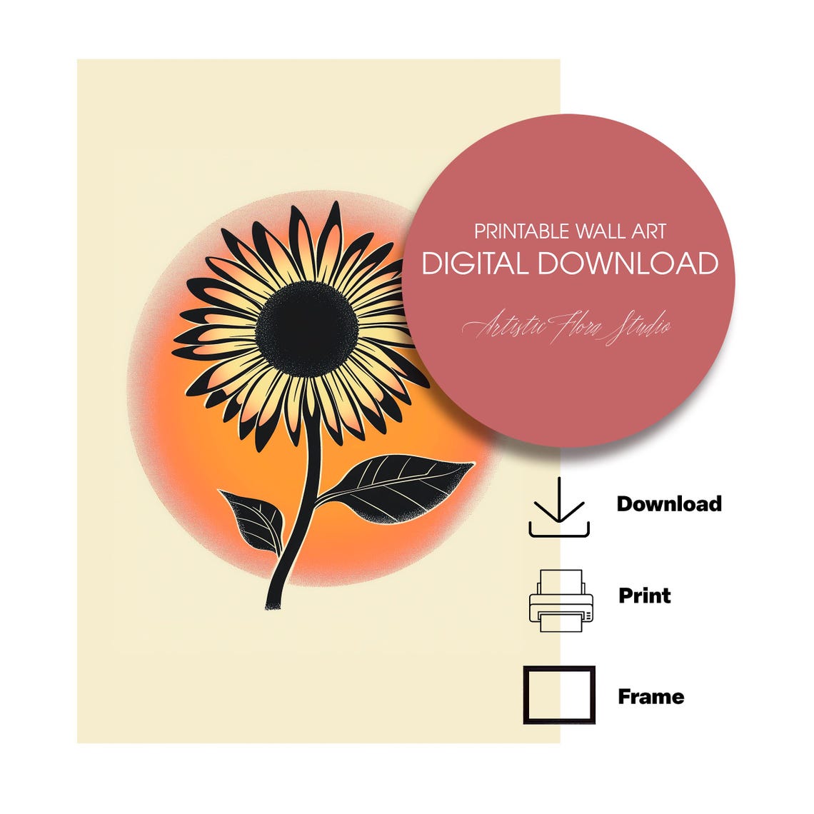 Sunflower Orange Sun Circle Retro Minimalist Floral Art Poster - Image 2