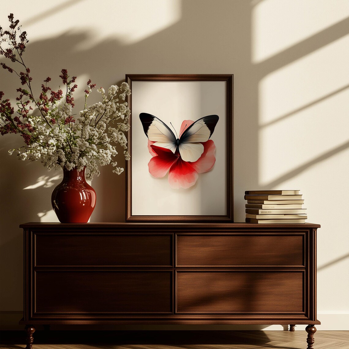 Black White Butterfly Red Flower Minimalist Nature Art Poster - Image 2