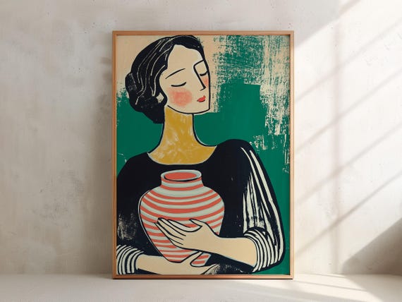 Abstract Wall Art Woman Portrait Art Print Stripe Motive Contemporary Painting Colour Block Art Modern Boho Home Decor 185