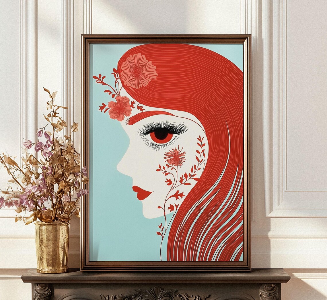 Redhead Woman Profile with Red Hair Floral Retro Style Art Poster - Image 4