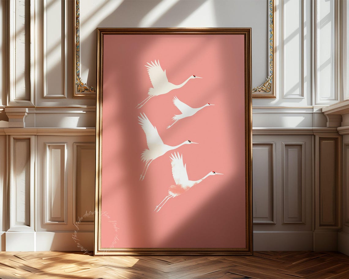 Four White Cranes Flying Coral Pink Sky Minimal Japanese Bird Poster