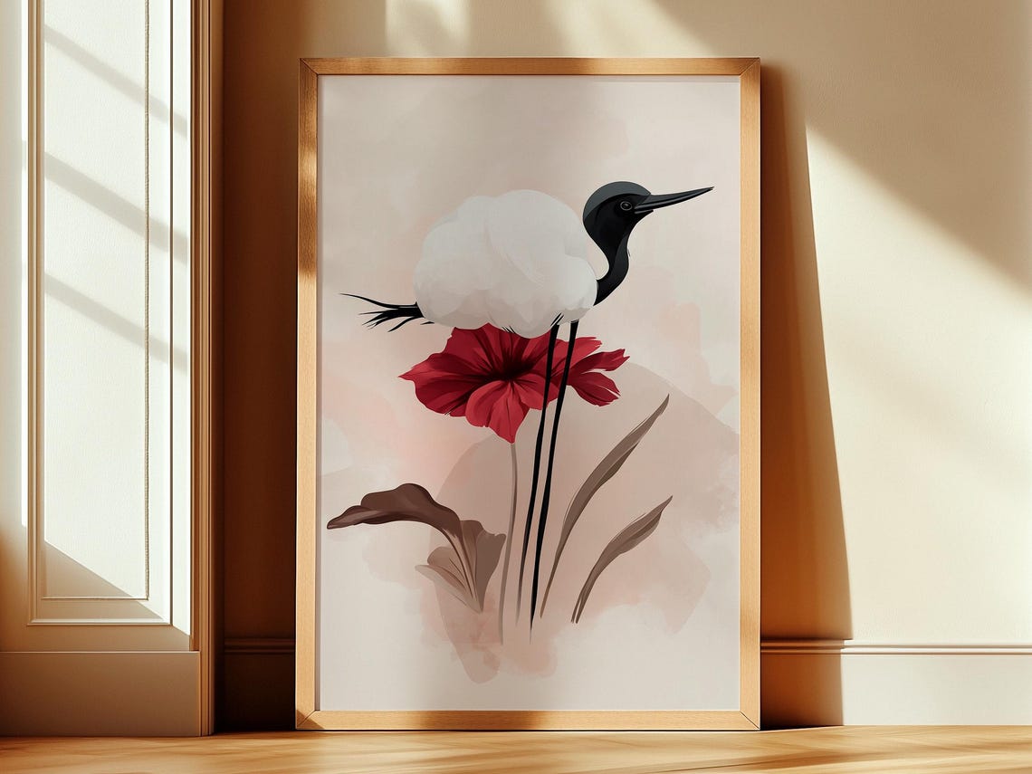 Black Headed Egret Red Flower Minimalist Watercolor Bird Poster
