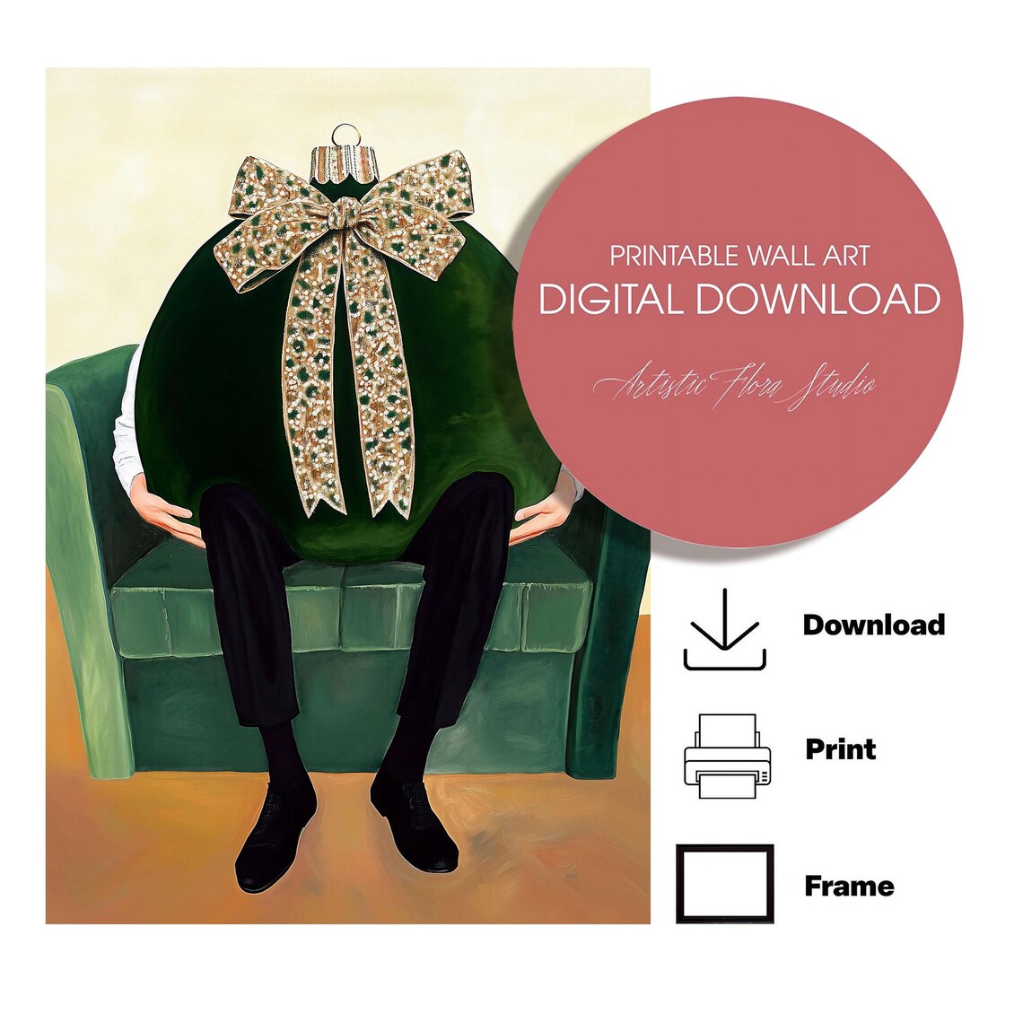 Person With Giant Green Christmas Bauble Body Sitting Armchair Poster - Image 2