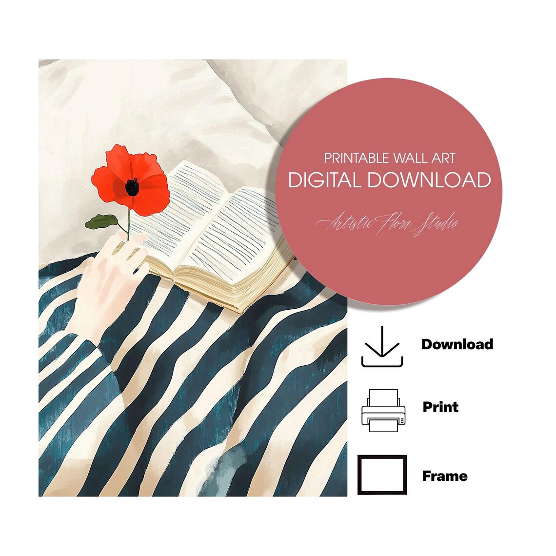 Cozy Woman Reading Book with Red Poppy Striped Shirt Art Poster - Image 2
