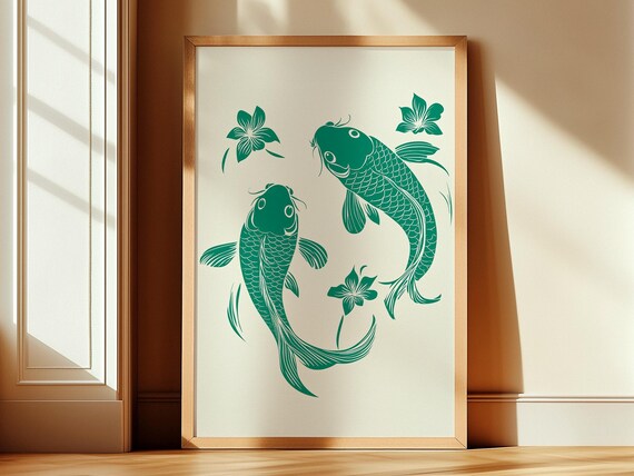 Koi Fish Print File Japanese Green Artwork Floral Koi Fish Wall Art Mint Green Decor Modern Boho House Botanical Style Poster