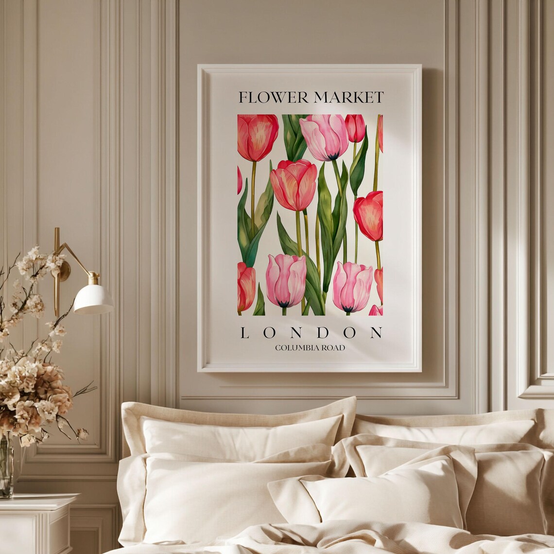 London Flower Market Pink Tulips Watercolor Columbia Road Poster - Image 2