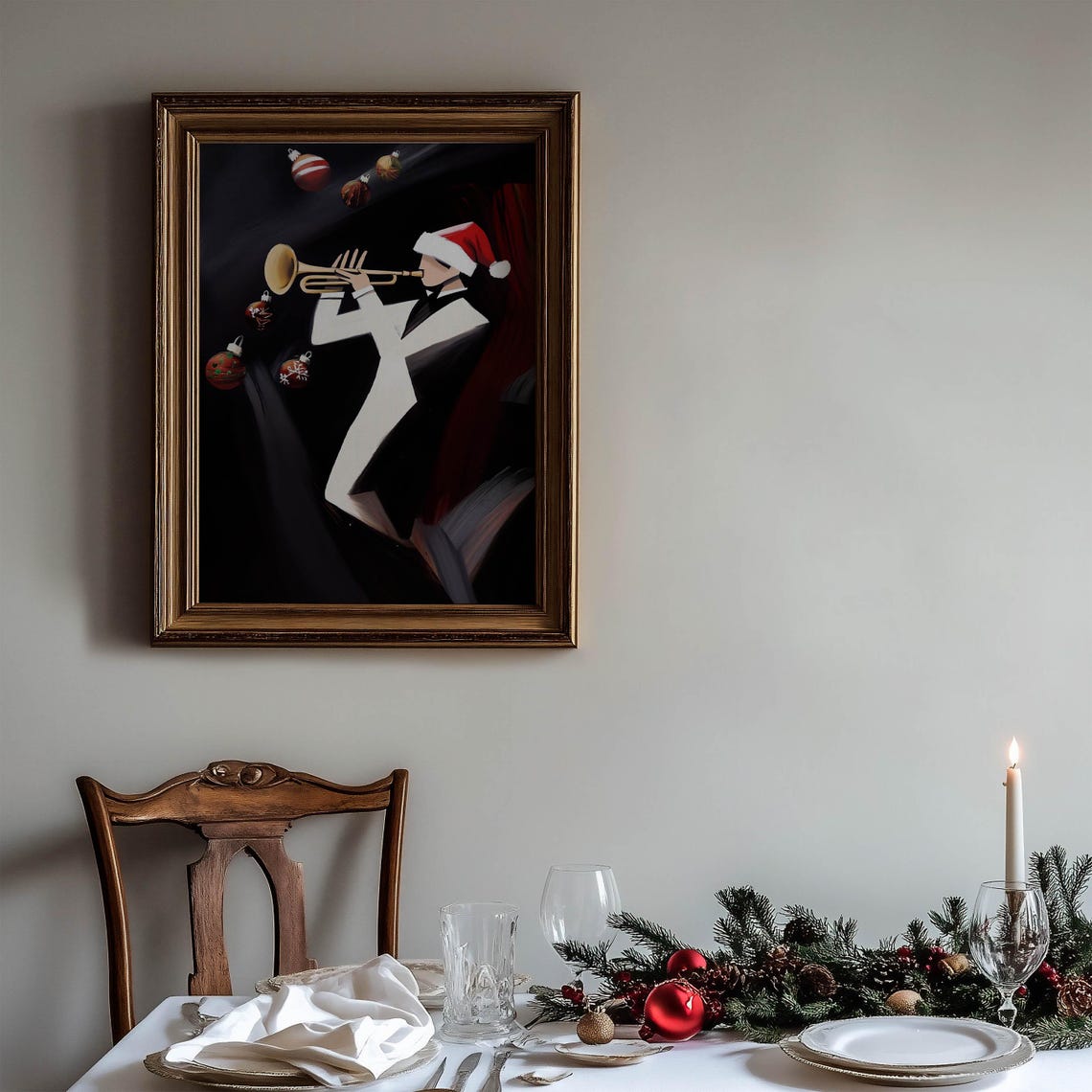 Jazz Trumpet Player in Santa Hat Christmas Abstract Art Poster - Image 2