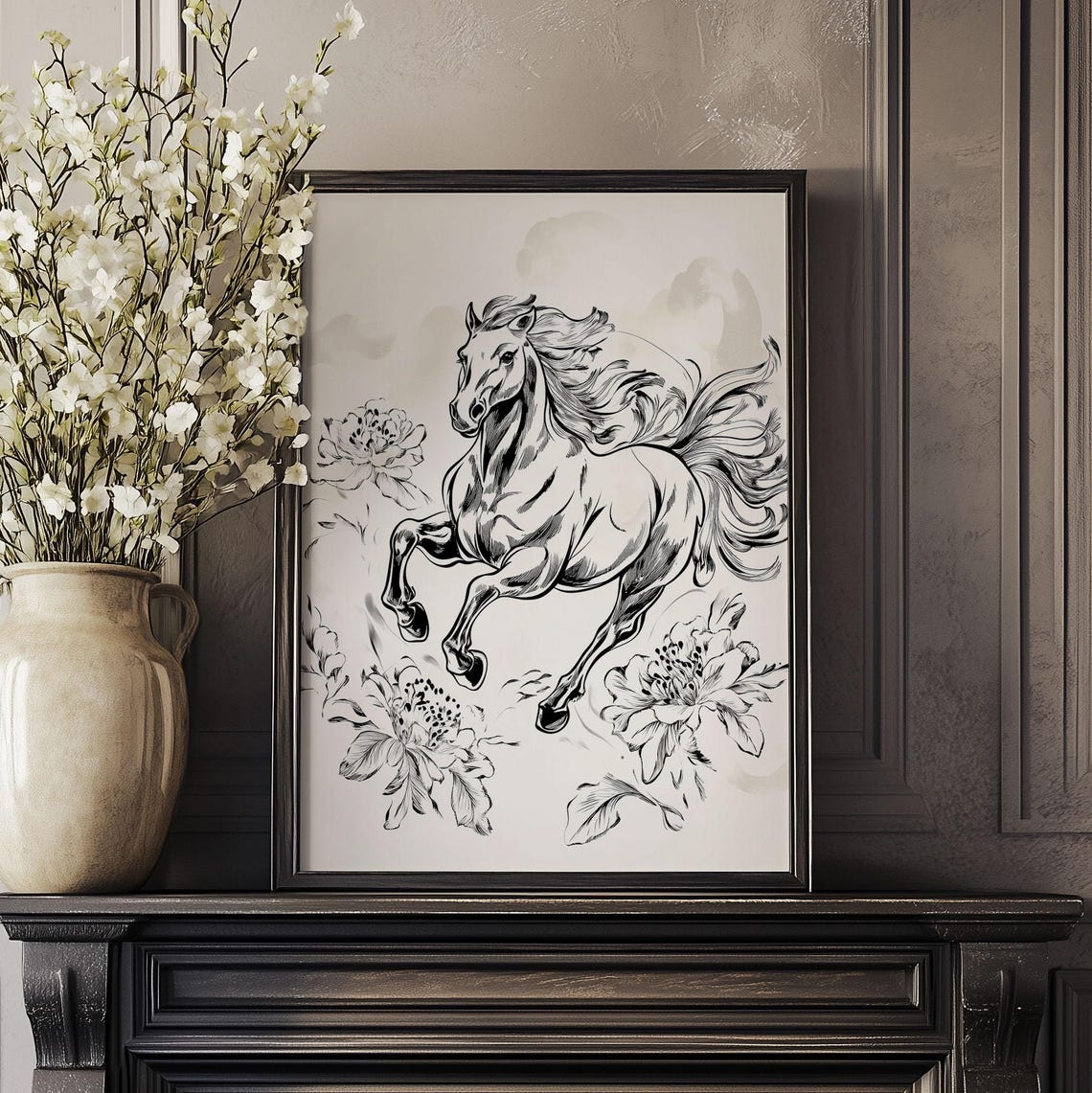 Galloping Horse Ink Illustration Peony Flower Black White Poster - Image 4