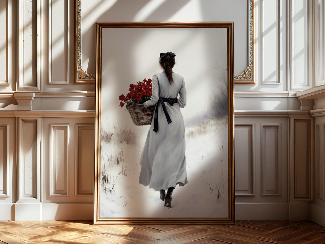 Elegant Christmas Wall Art Print Woman Walking With Amaryllis Flower Snow Scenery Art Print Country House Farmhouse Art Decor 169 - Image 5