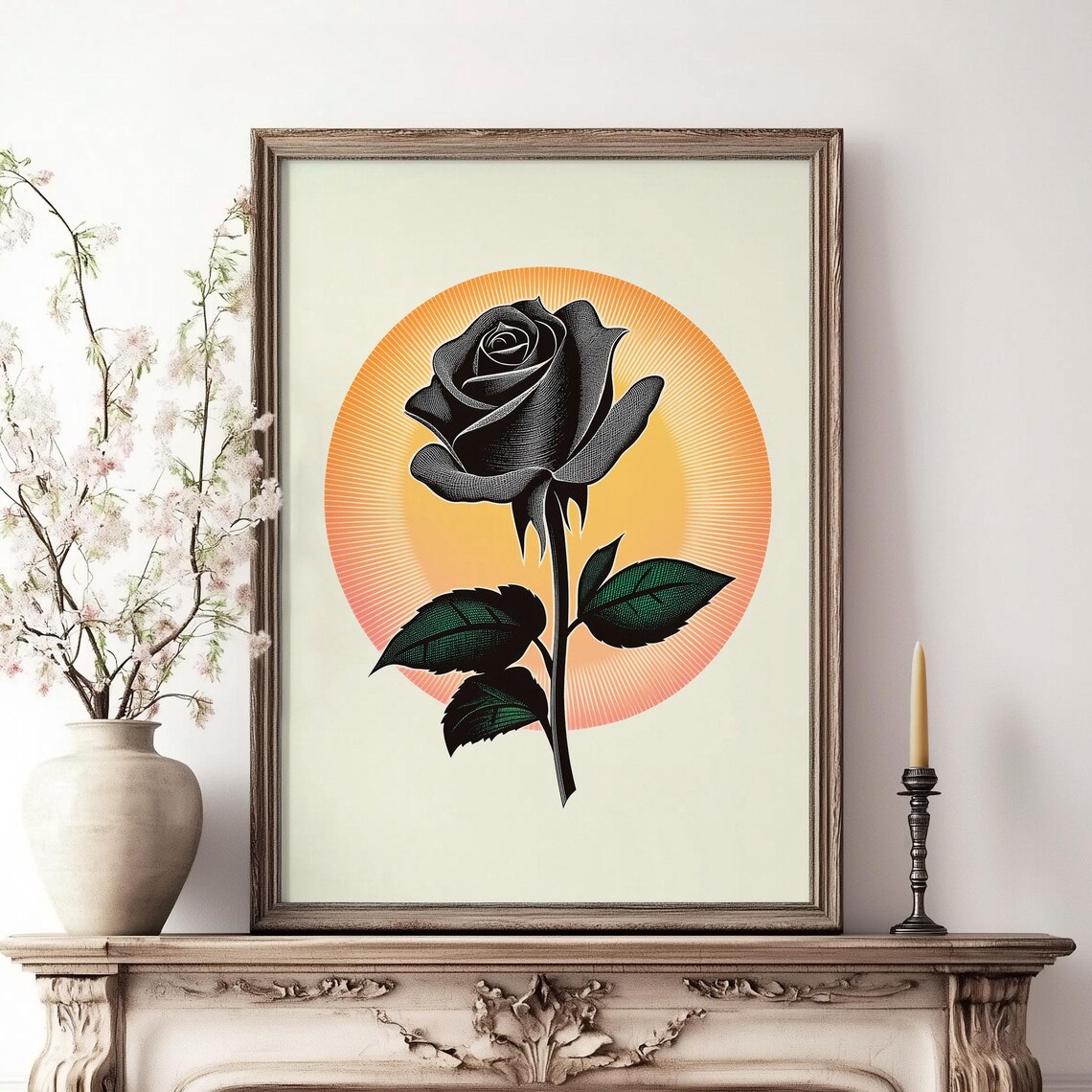 Black Rose Orange Sunburst Retro Botanical Floral Graphic Poster - Image 3