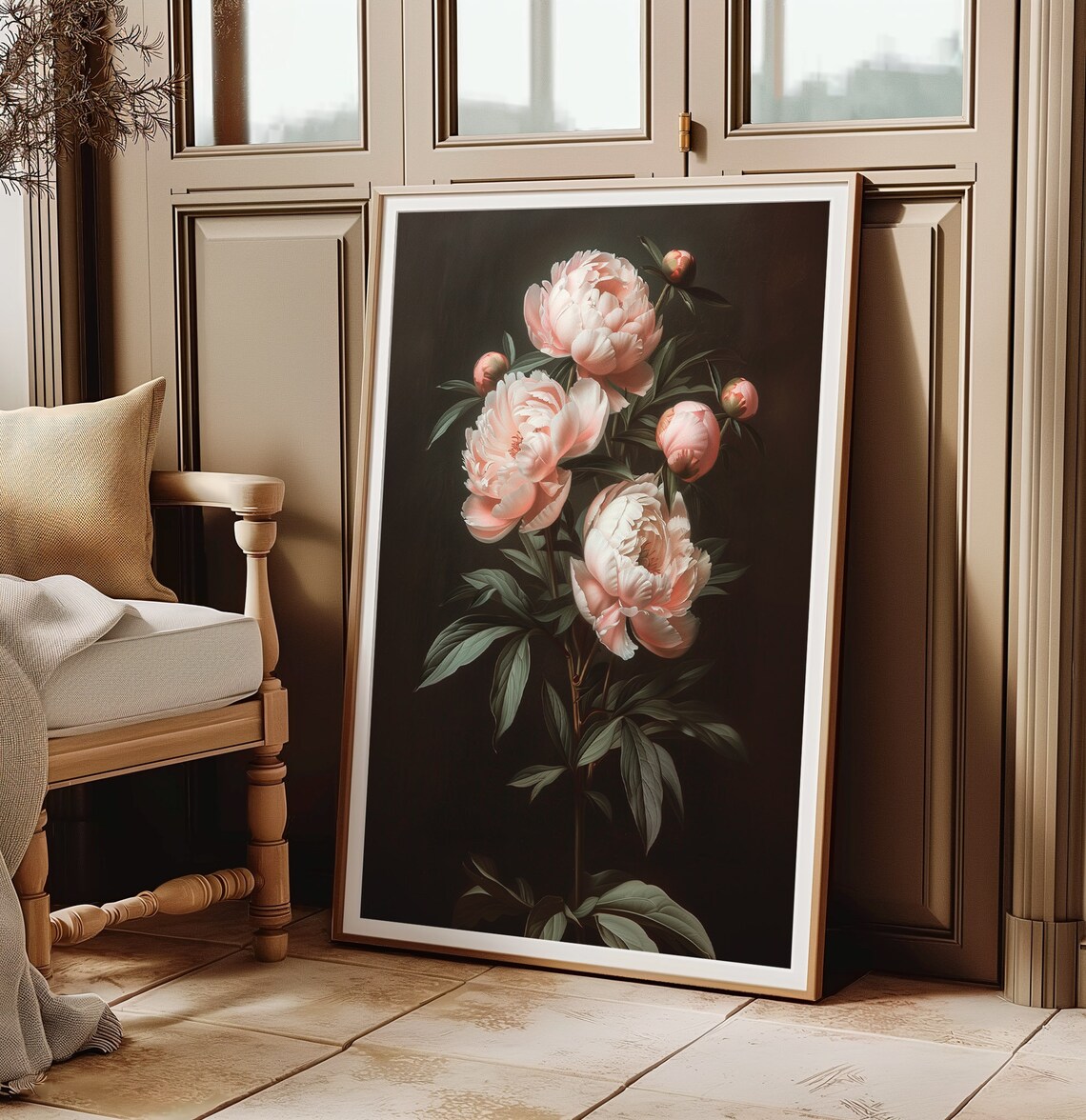 Pink Peony Blossoms Dark Moody Oil Painting Floral Art Poster - Image 2