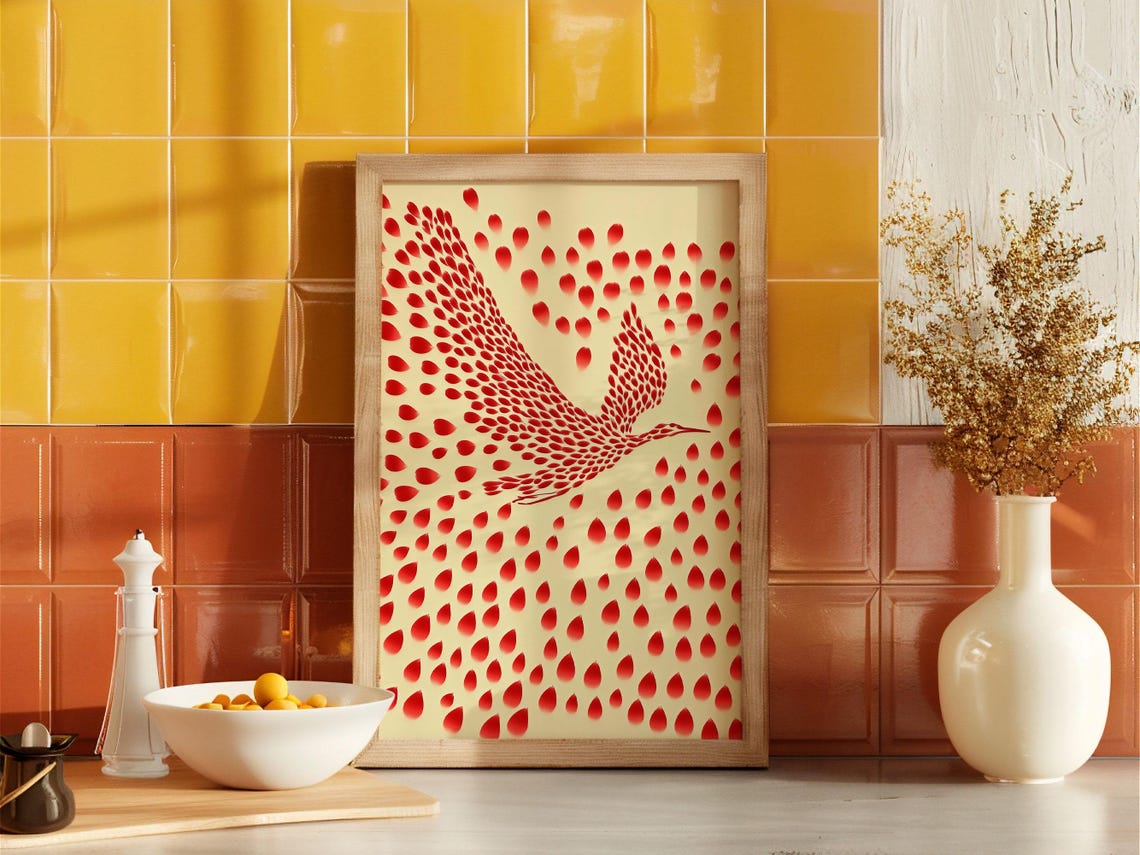 Flying Bird Red Petal Mosaic Dot Art Cream Abstract Wall Poster - Image 3