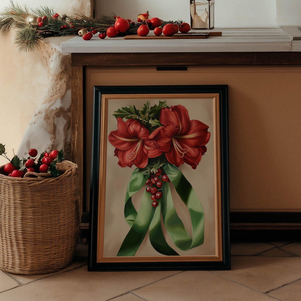 Red Amaryllis Bouquet With Holly Berries And Green Ribbons Poster - Image 5