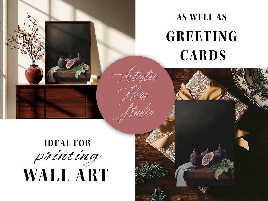 Dark Moody Fig Still Life With Cut Fig And Leaf Kitchen Art Poster - Image 2