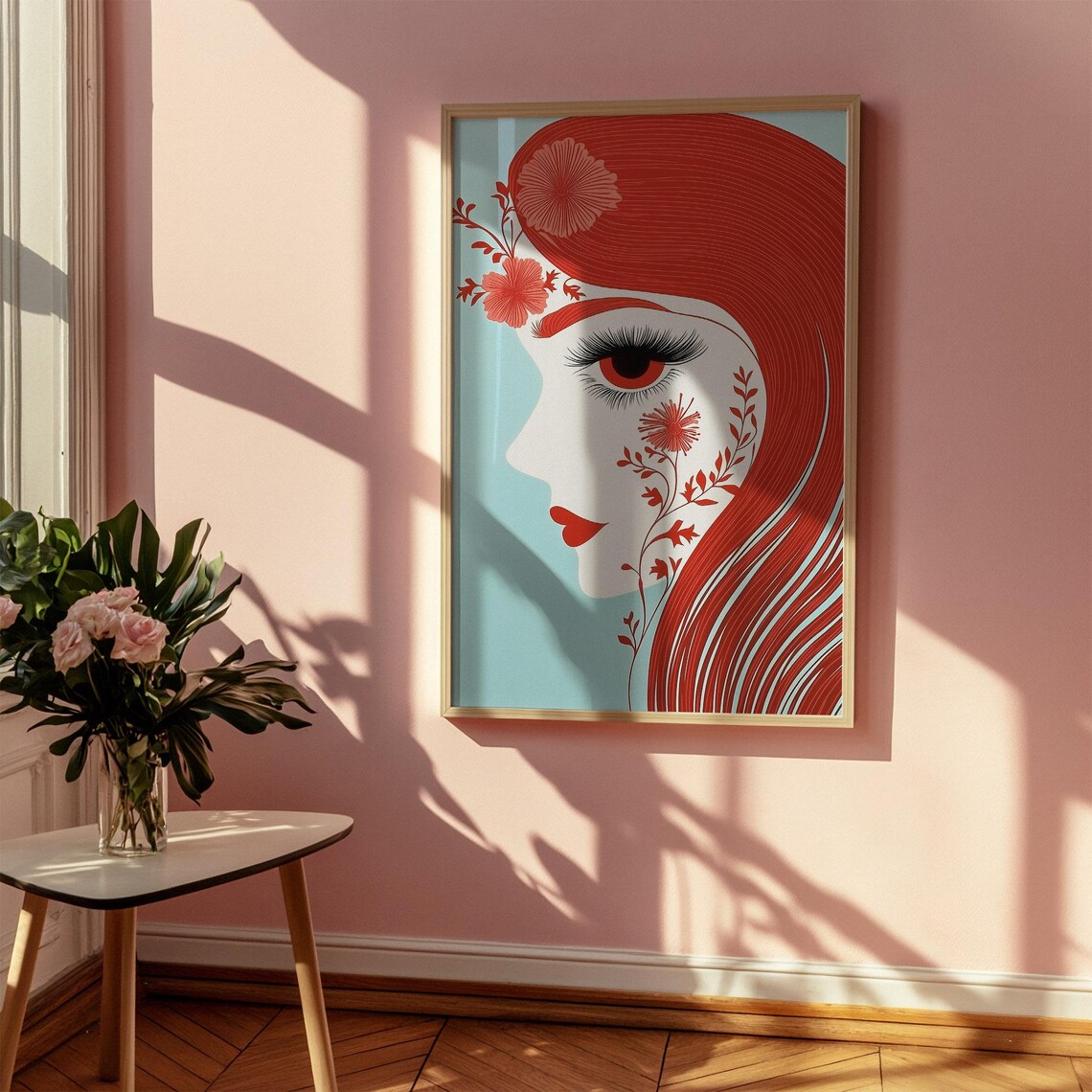 Redhead Woman Profile with Red Hair Floral Retro Style Art Poster - Image 3