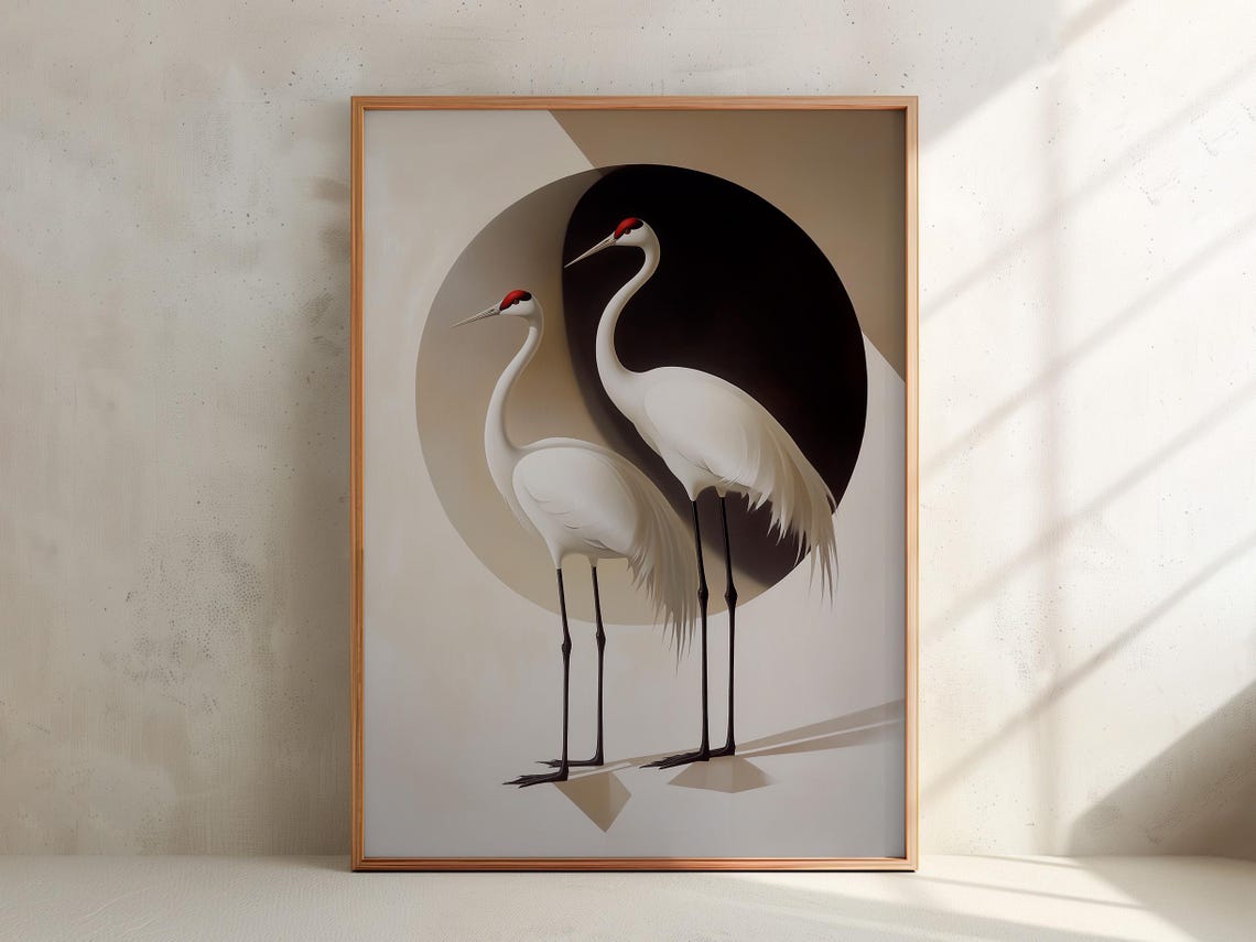 Two Red Crowned Cranes Before Yin Yang Circle Minimalist Bird Poster