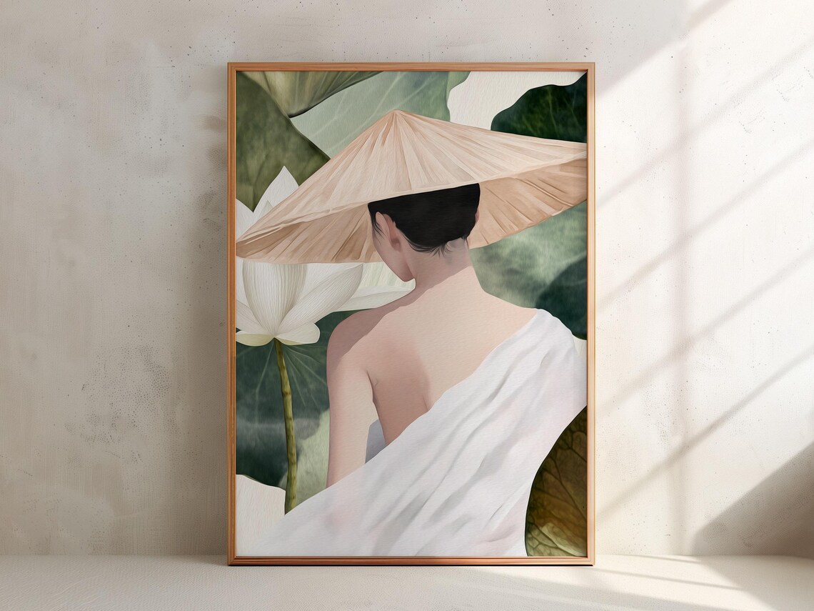 Woman in Conical Hat Among Lotus Flowers Serene Botanical Art Poster