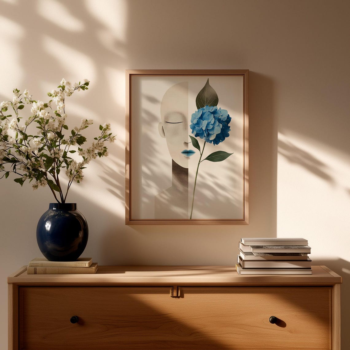 Abstract Beige Face Blue Hydrangea Modern Minimalist Art Poster - Image 2