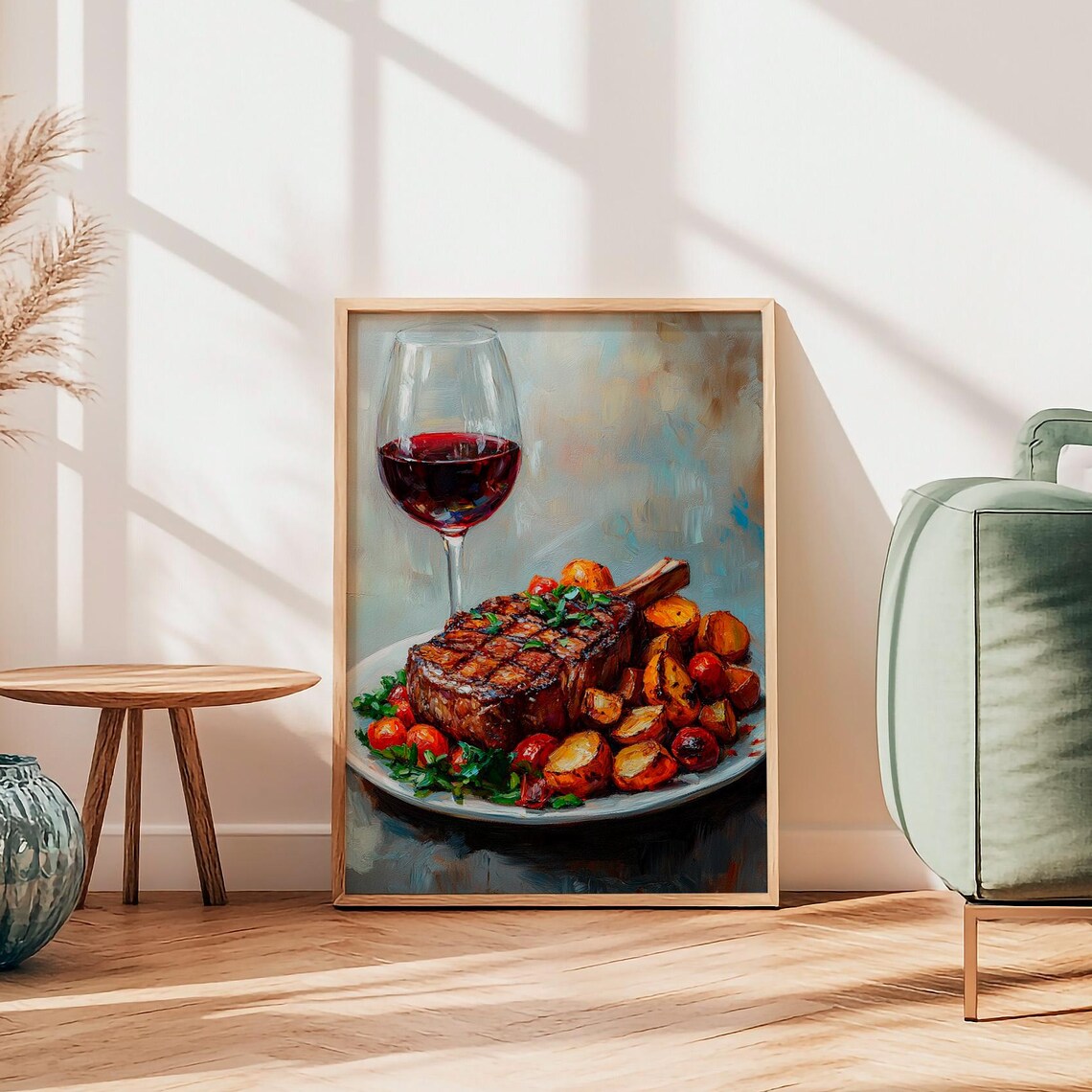 Steak and Red Wine Oil Painting Print for the Kitchen or Dining Room