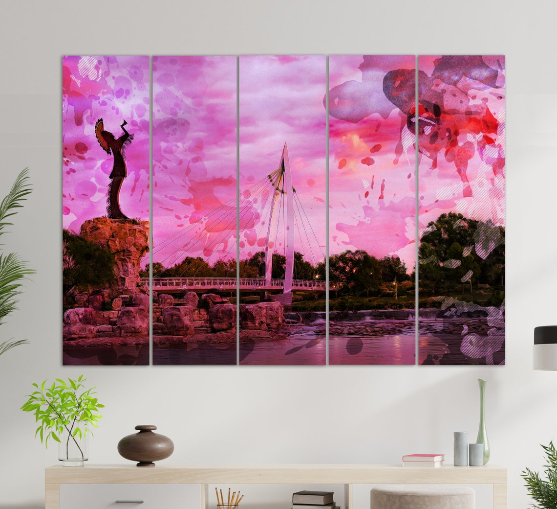 Wichita Kansas Keeper Of The Plains Bridge Pink Sky Triptych Poster - Image 2