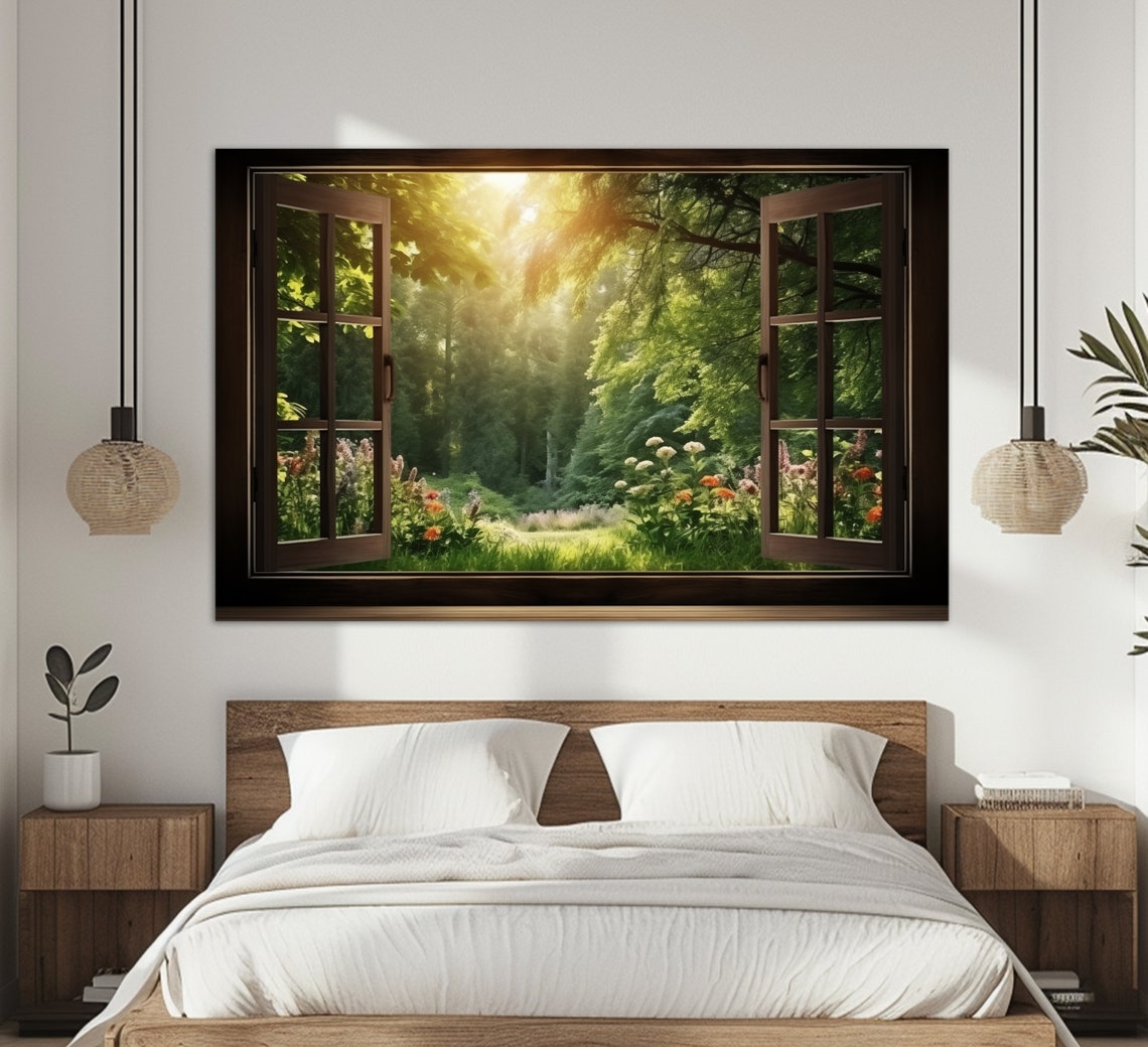 Open Window Forest Glade Sunlit Wildflowers Illusion Wall Art Print
