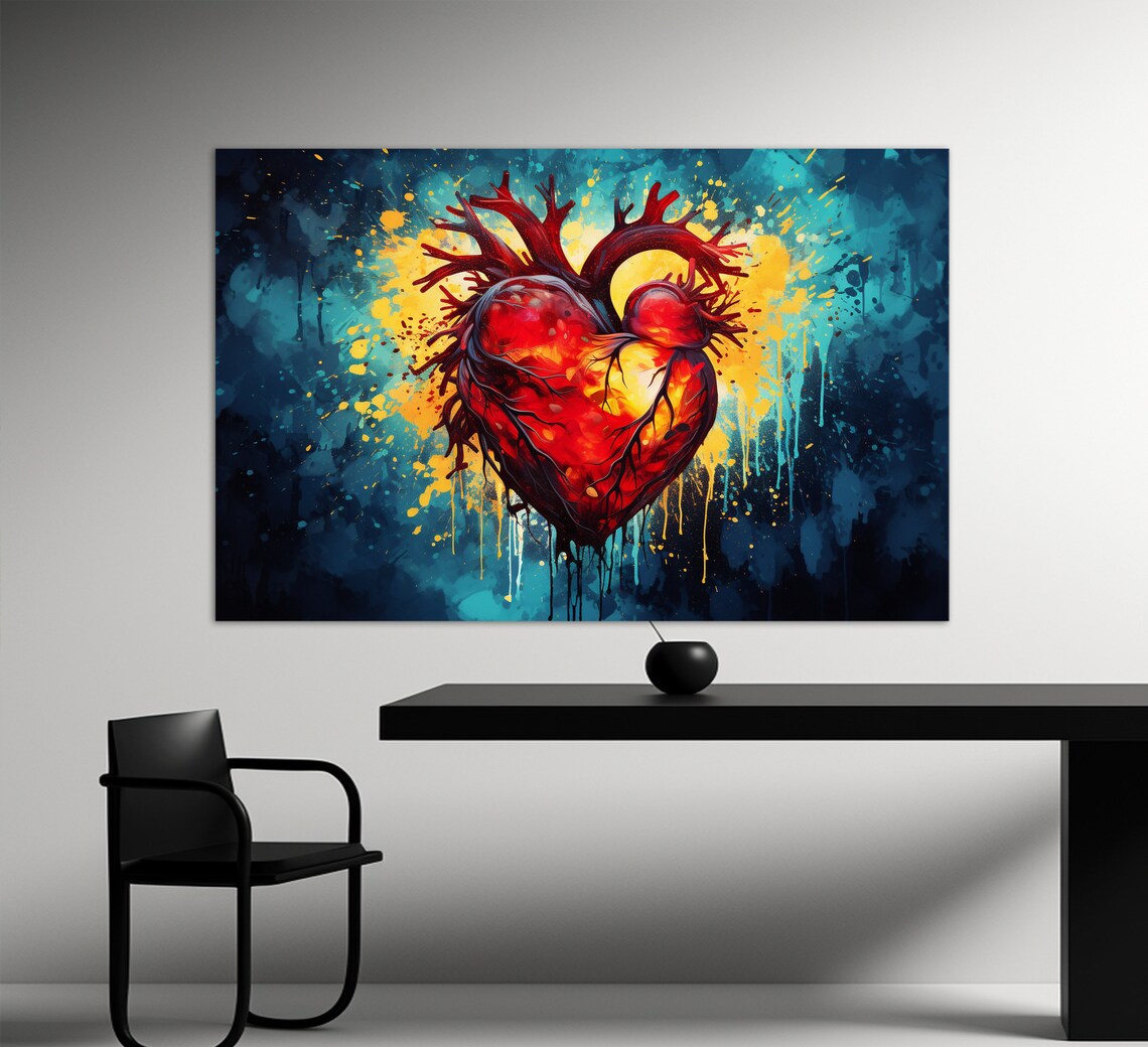 Anatomical Human Heart Watercolor Red Splash Medical Office Print