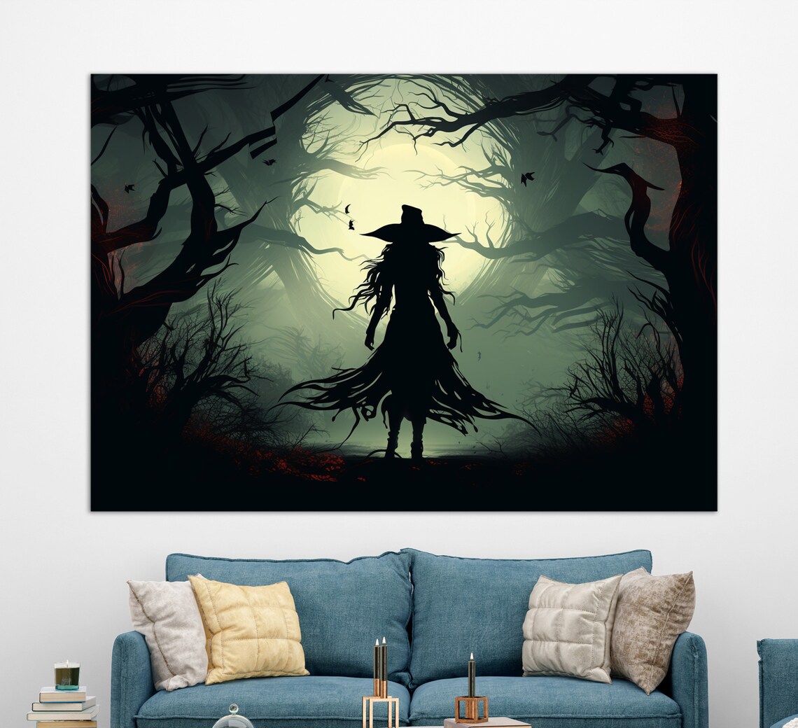 Witch Silhouette Dark Forest Moonlit Gothic Halloween Spooky Wall Art Print