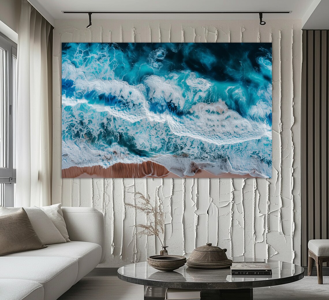 Aerial Ocean Waves Turquoise Sea White Foam Shore Nature Travel Poster