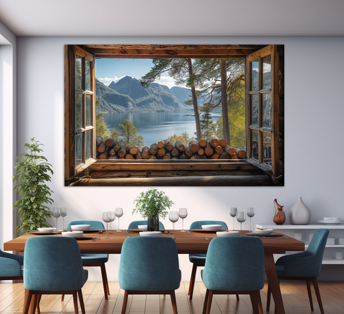 Open Window With Mountain Lake View Print Modern Wall Art Faux Window Art Scenic Lake View Print