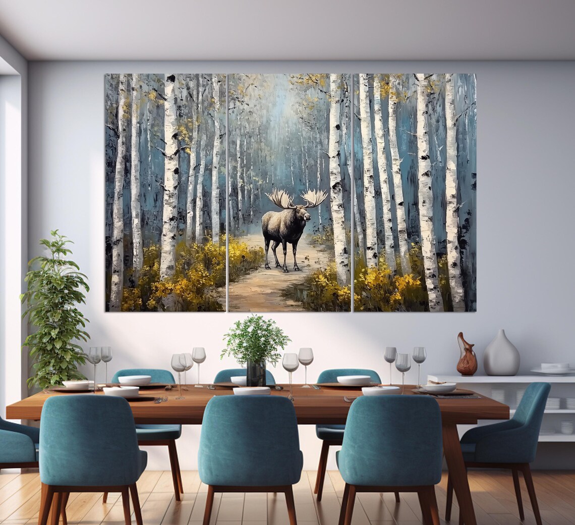 Majestic Moose In Misty Birch Forest Autumn Painted Wildlife Wall Poster - Image 2