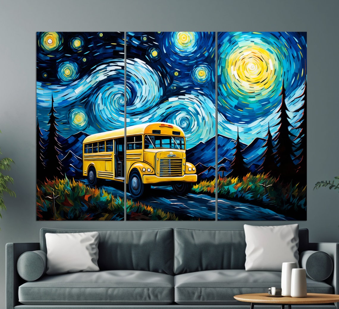 School Bus Print School Wall Decor Van Gogh Style Painting School Bus Driver Gift - Image 3