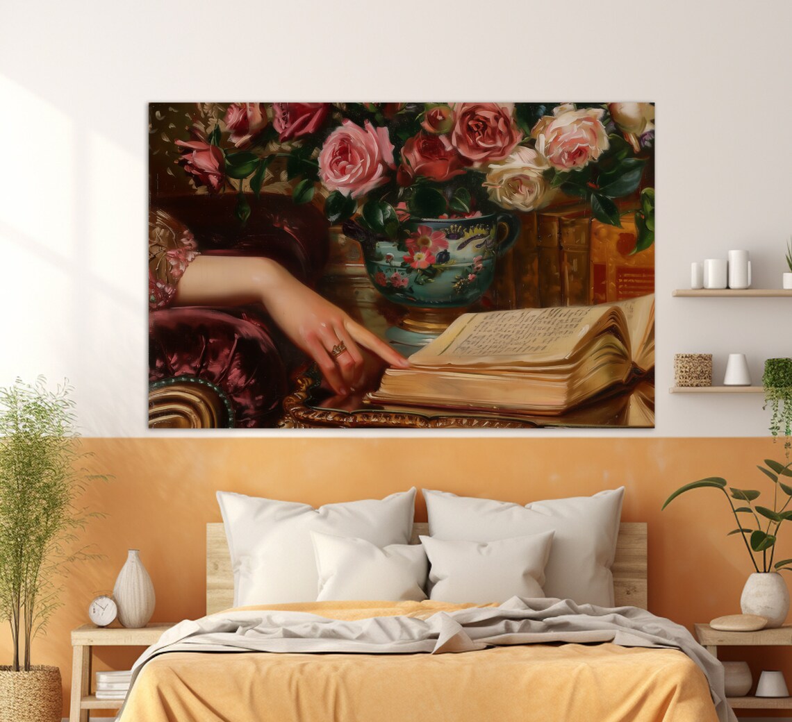 Abstract Woman Reading Books, Vintage Library Decor