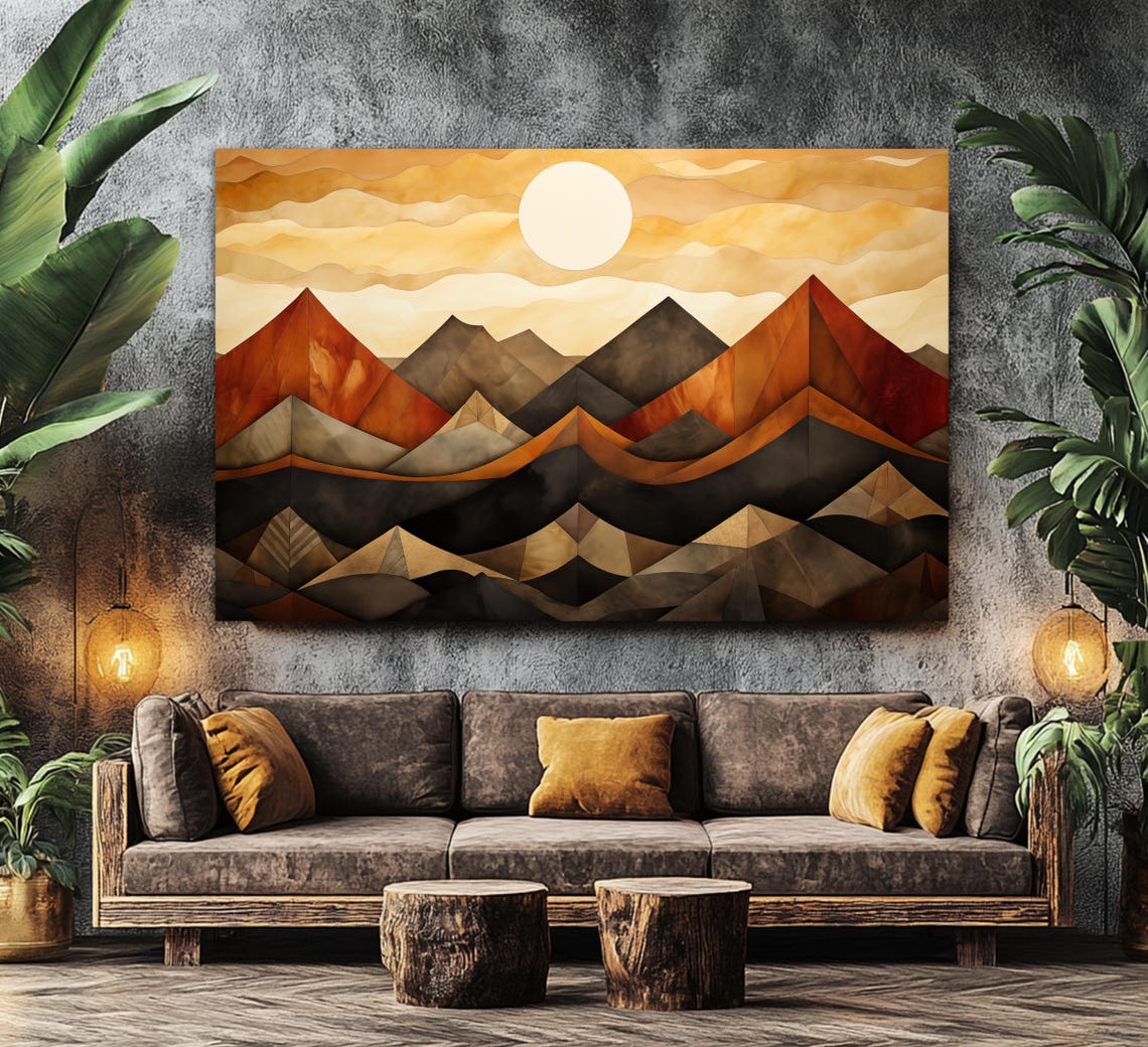 Boho Geometric Sun Over Mountains Warm Rust Abstract 5 Panel Wall Art - Image 4