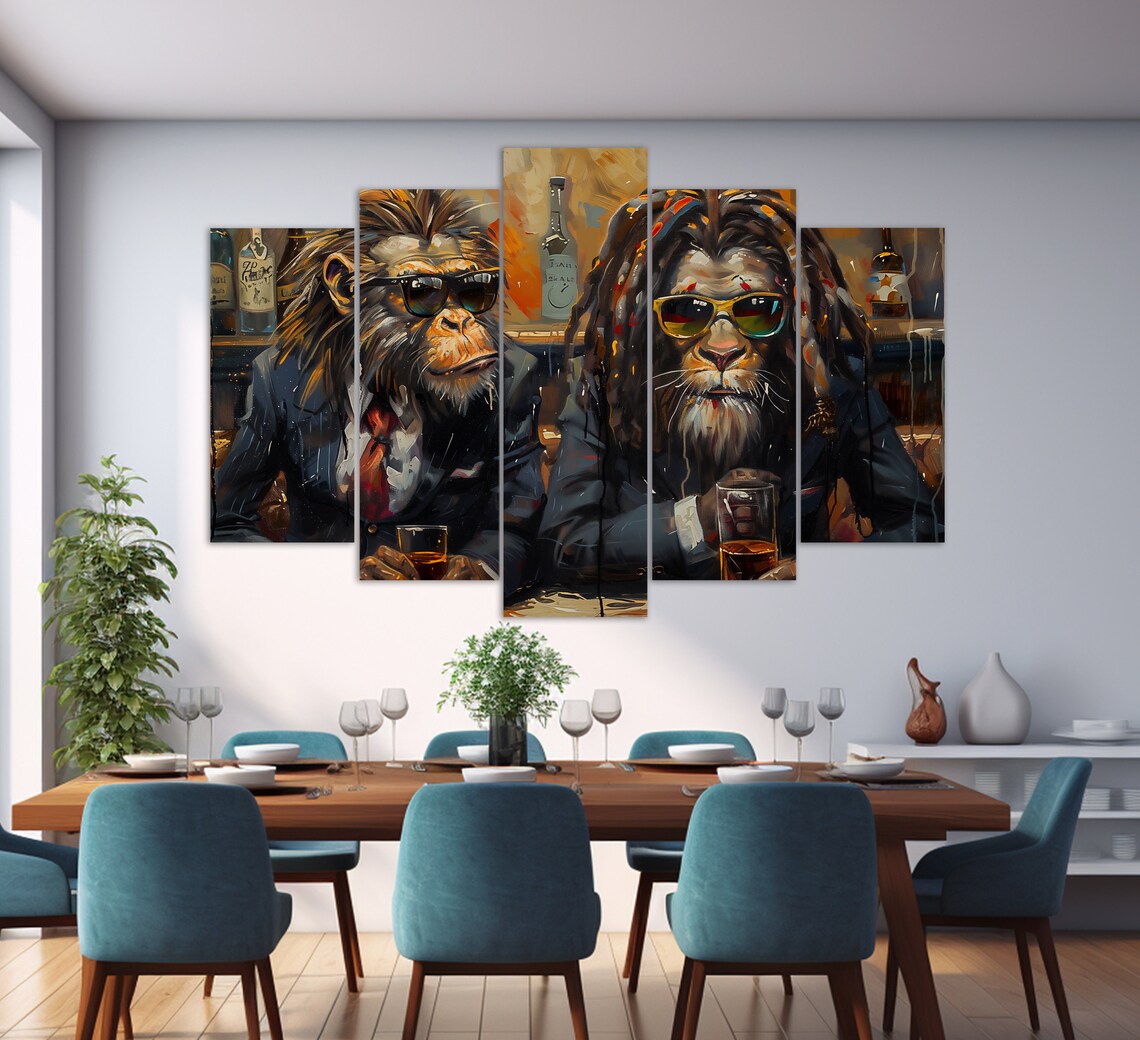 Lion and Monkey in Sunglasses Drinking Beer Funny Animals Painting Poster - Image 2