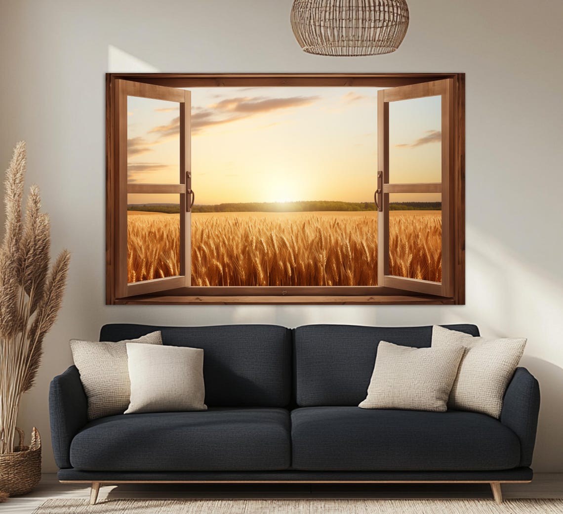 Faux Open Window View Golden Wheat Field Sunset Farmhouse Wall Art - Image 3