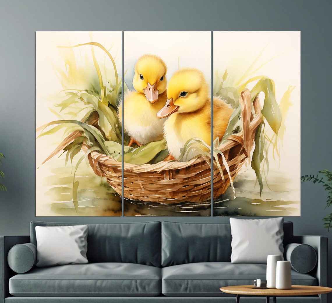 Cute Yellow Ducklings In Wicker Basket Watercolor Nursery Decor Poster - Image 3