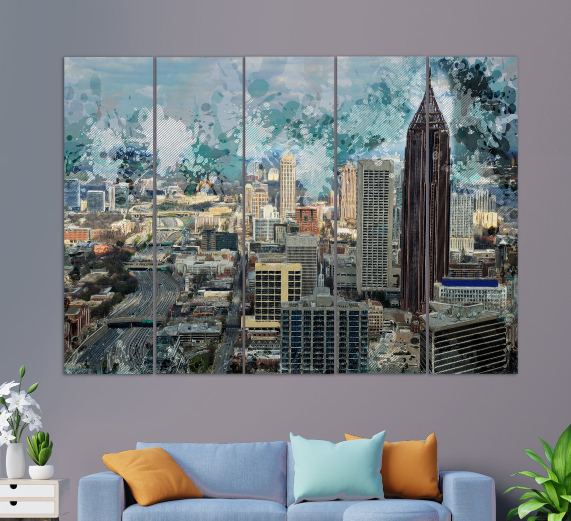 Atlanta Skyline Aerial Three Panel Downtown Watercolor Abstract Poster - Image 3