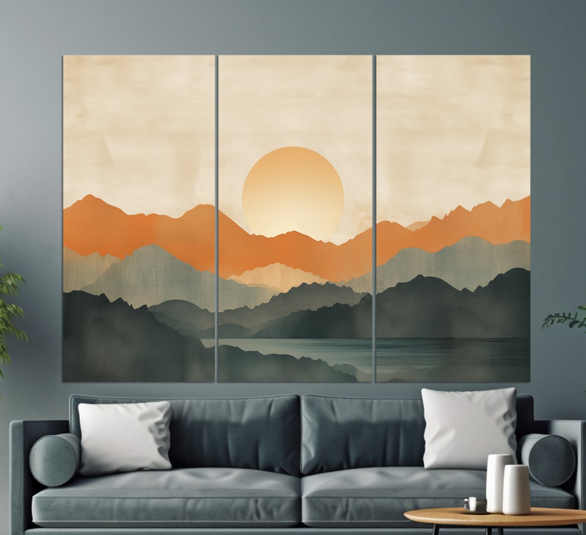 Mid Century Modern Wall Art Boho Sunset Over Mountains Painting Minimalist Print Pastel Tones Minimalist Wall Decor Boho Art - Image 2