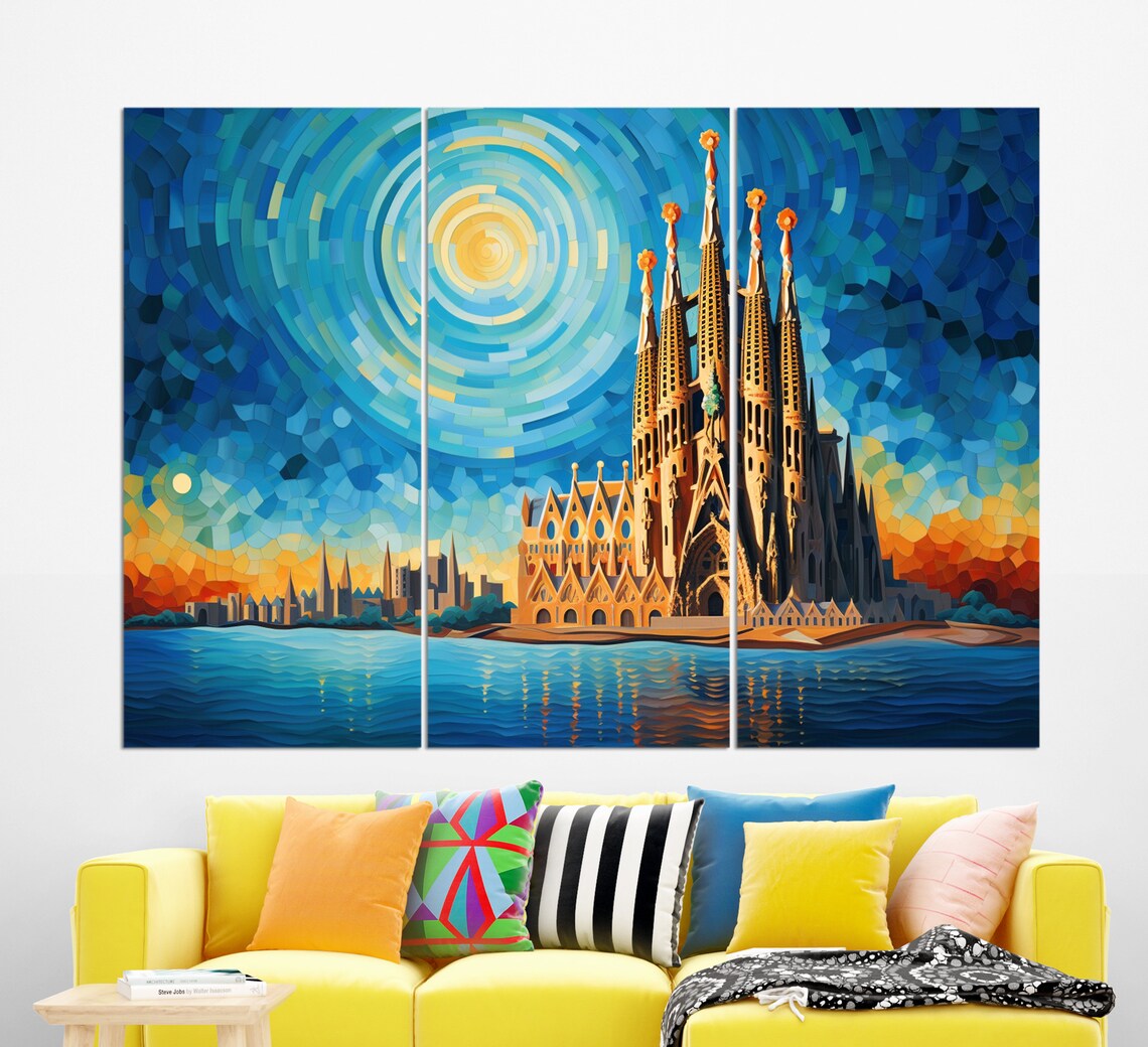 Sagrada Familia Barcelona Starry Night Mosaic Style Colorful Art Poster - Image 3