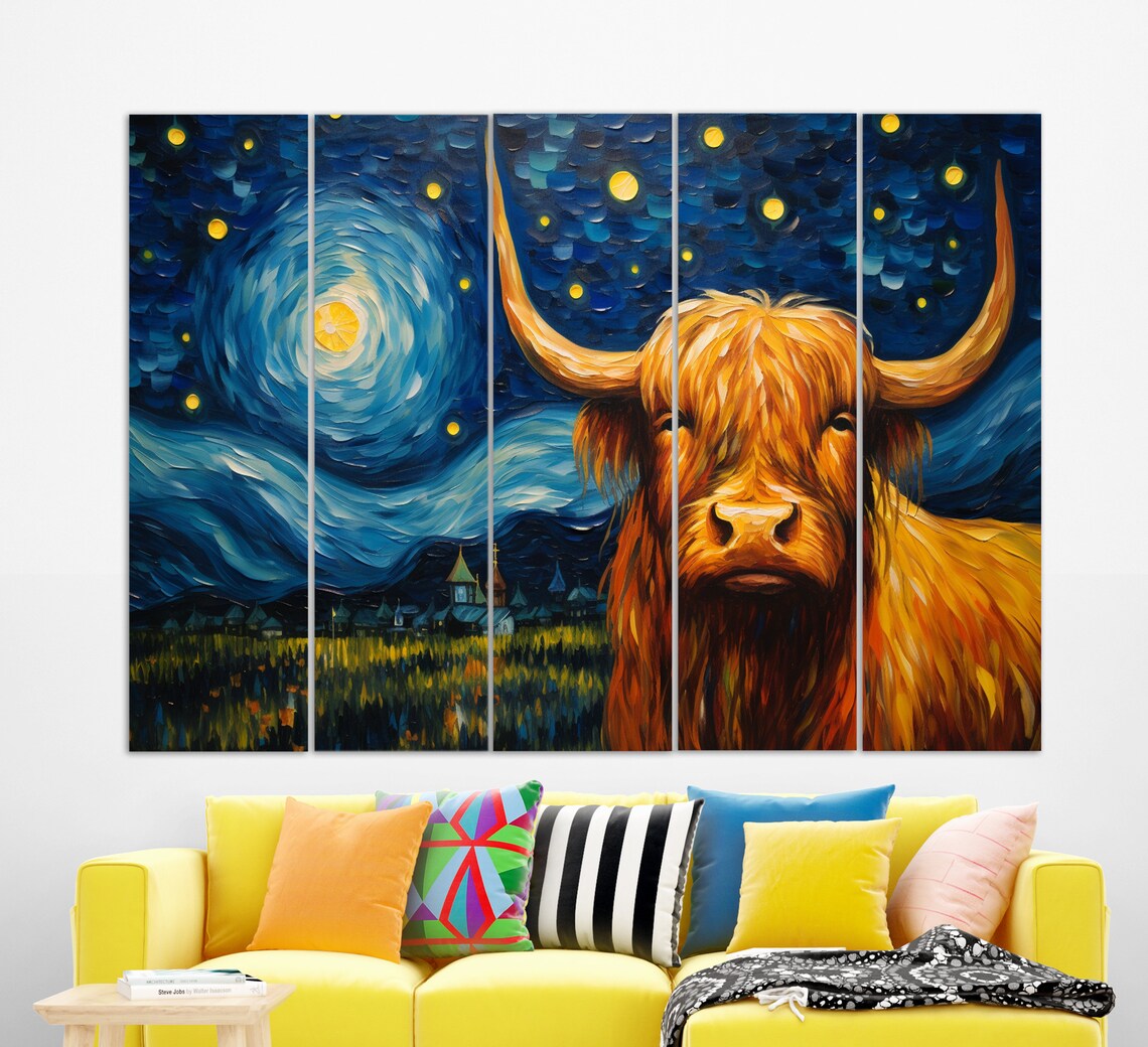 Highland Cow Starry Night Van Gogh Style Swirling Blue Sky Animal Art Poster - Image 3