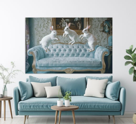 Cute Rabbits on Sofa, Nursery Kids Room Wall Art Print