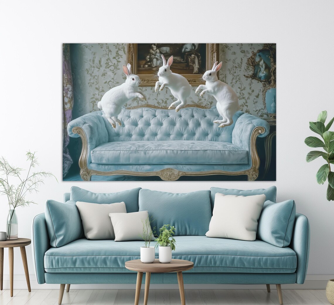 Cute Rabbits on Sofa, Nursery Kids Room Wall Art Print