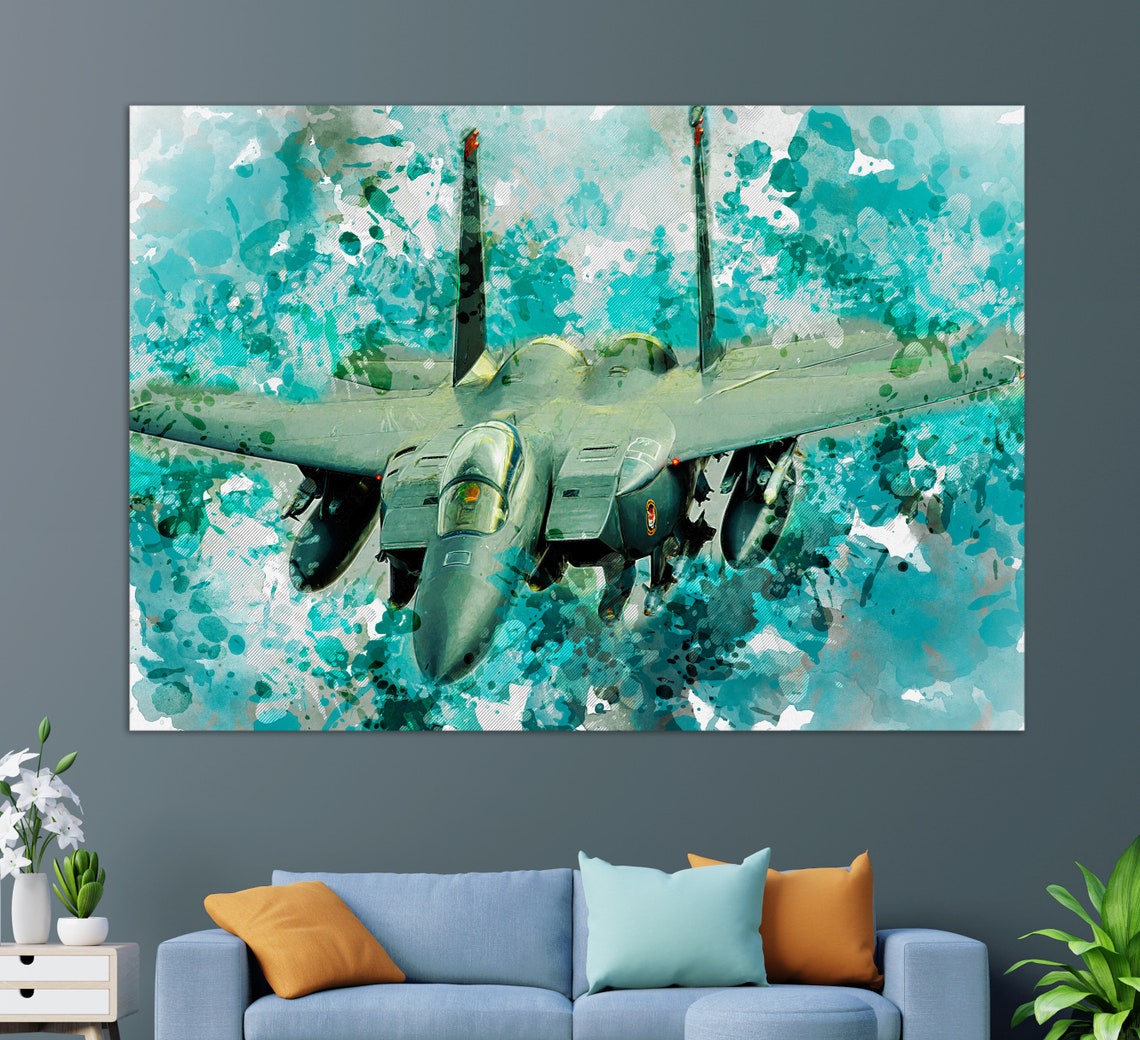 F-15 Eagle Fighter Jet Teal Watercolor Splash Aviation Poster