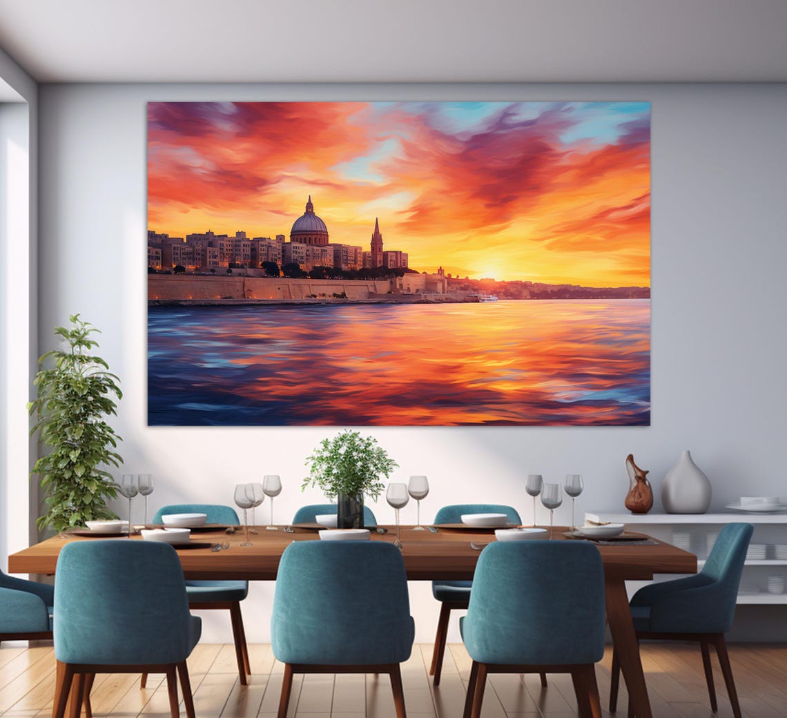 Valletta Malta Sunset Harbor Golden Dome Fiery Sky Seascape Poster - Image 2