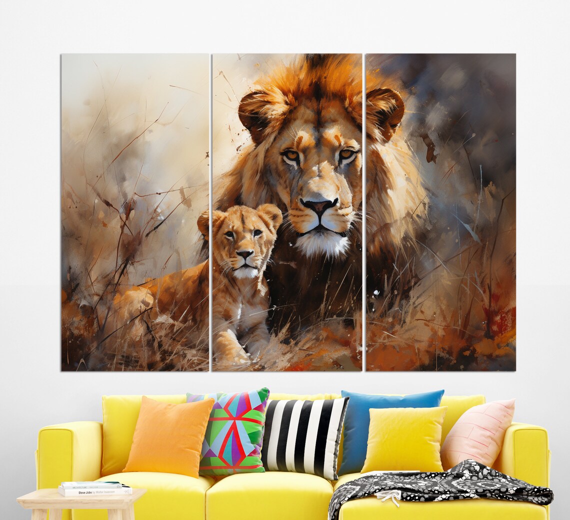 Lion And Cub Watercolor Painting Golden Mane Wild Africa Animal Poster - Image 4