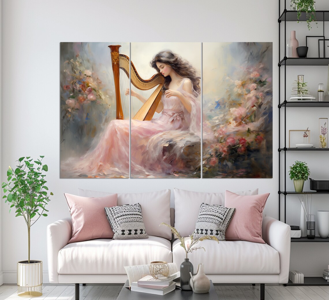 Woman Playing Harp Romantic Floral Painting Soft Music Room Wall Art Print - Image 3