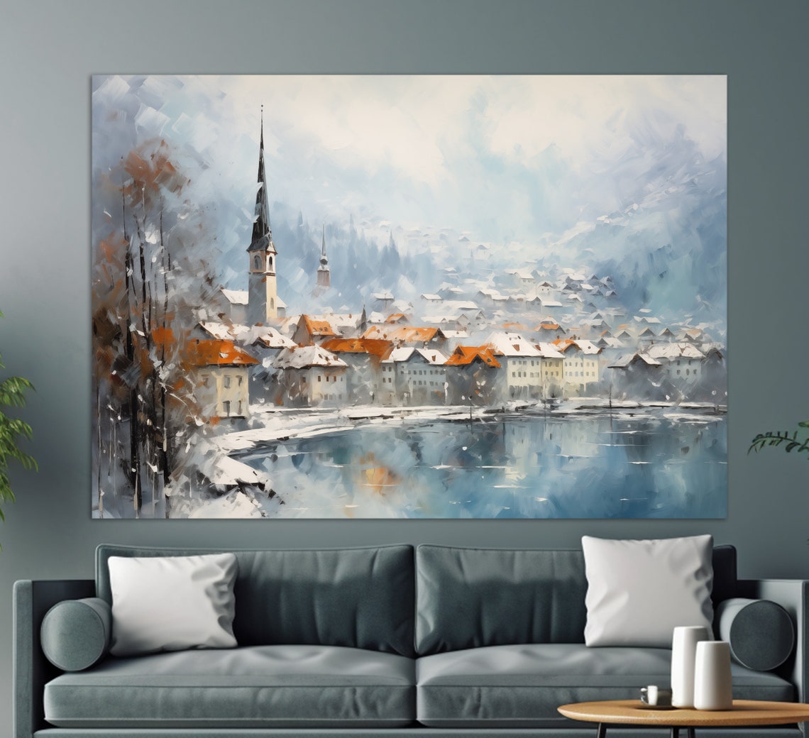 Winter Bern Snowy Old Town Riverside Church Spire Travel Poster