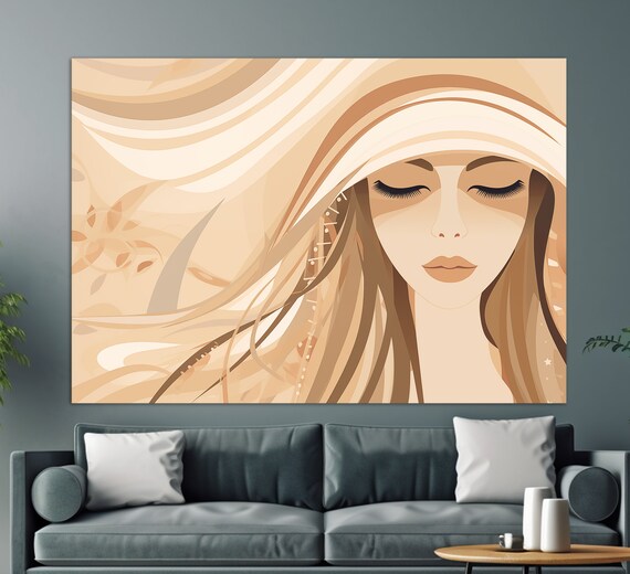 Minimalist Boho Girl Portrait With Flowing Beige Hair Wall Art