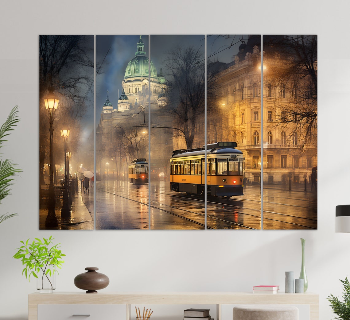 Misty Vienna Night Trams Rainy Street Domed Church Glow Travel Poster - Image 3