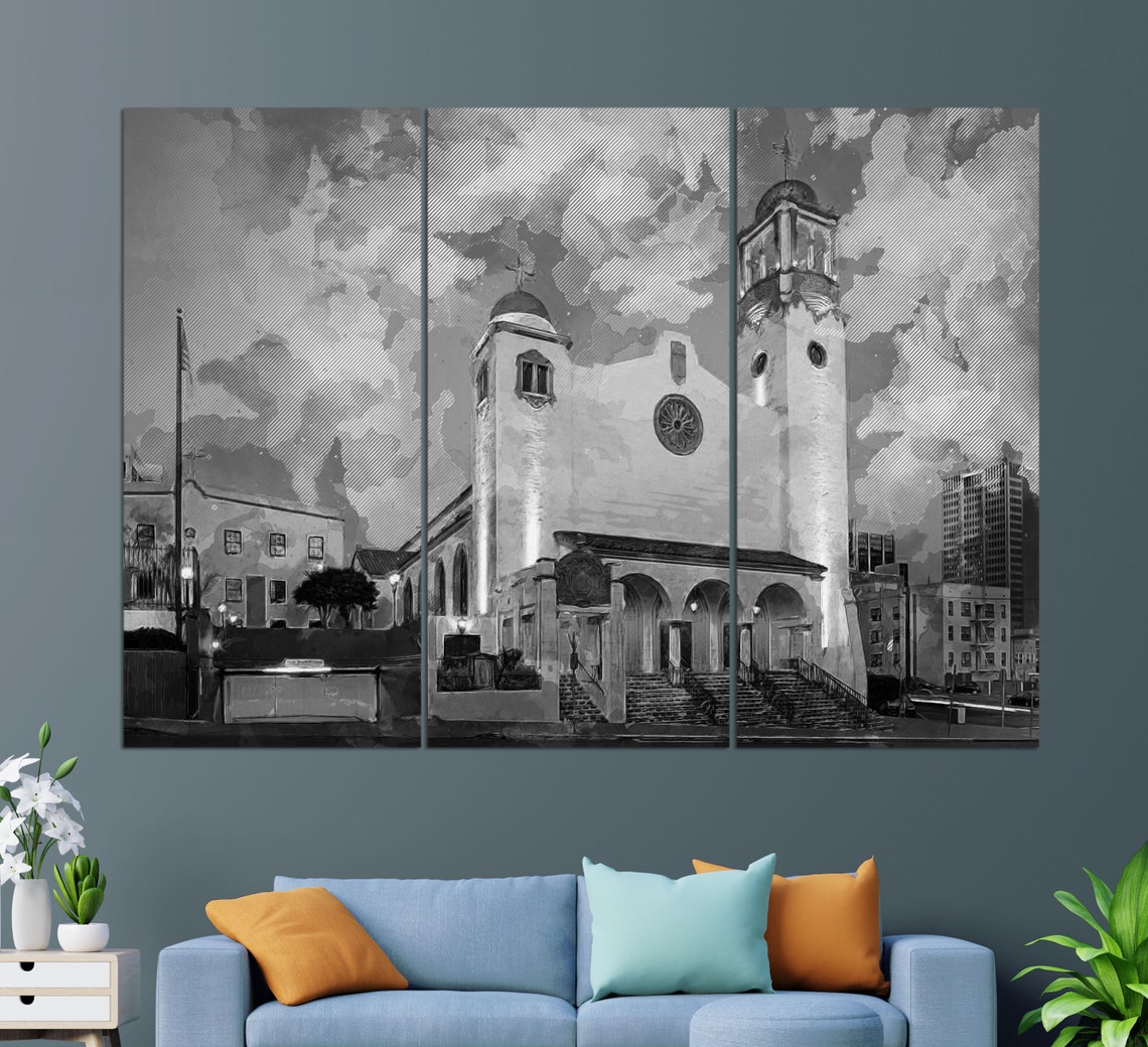 St Joseph Cathedral San Diego White Blue Domes Watercolor Poster - Image 2